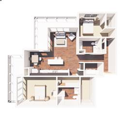 A 3D floor plan of a house with a kitchen, living room, and bedrooms.