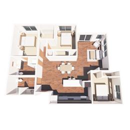A 3D floor plan of a house with a central courtyard.