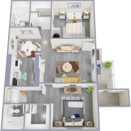 a 3d rendered floor plan of a 1 bedroom apartment