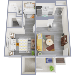 a 3d rendering of the 1 bedroom 1 bathroom apartment with a large living room and dining