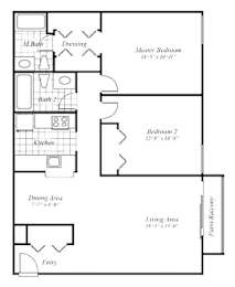 A floor plan of a house with a master bedroom, two bathrooms, a kitchen, a dining area, an entry, a living area, and a laundry room.
