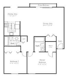 A floor plan of a two-bedroom apartment with a living area, dining area, and bathrooms.