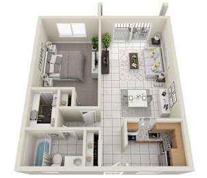 A top down view of a small apartment with a living room, kitchen, and bathroom.