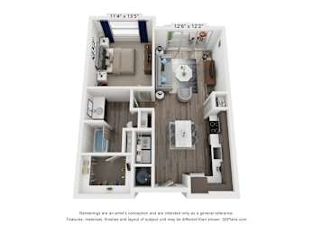 A 3D floor plan of a small apartment with a kitchen, living room, and bathroom.