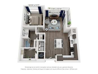 A 3D floor plan of a small apartment with a kitchen, living room, and bathroom.