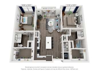 A 3D floor plan of a house with dimensions and a disclaimer.