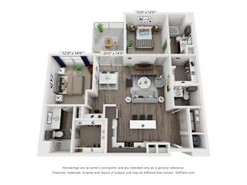A 3D floor plan of a house with three bedrooms, two bathrooms, a living room, a kitchen, and a dining room.