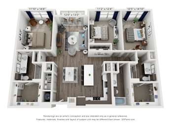 A 3D floor plan of a house with four different layouts.
