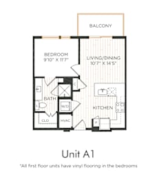 One-bedroom apartment with entry into the kitchen with washer dryer and closet, adjacent living/dining area with balcony access. Bedroom with bathroom, closet, and walk-in closet.