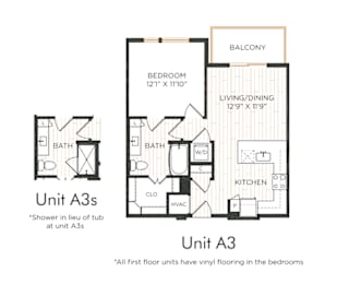 One-bedroom apartment with entry into the kitchen and adjacent living/dining area with balcony access. Bedroom with direct bathroom access and nearby closet space. In-unit washer and dryer included. Select units feature a walk-in shower in place of a tub.