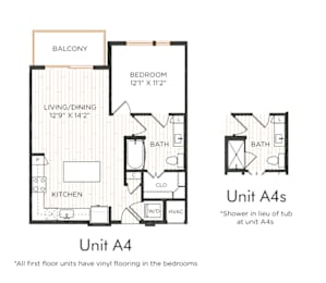 One-bedroom apartment with entry into the kitchen featuring an island and adjacent living/dining area with balcony access. Bedroom with direct bathroom access and nearby closet space. In-unit washer and dryer included. Bathroom features a walk-in shower.