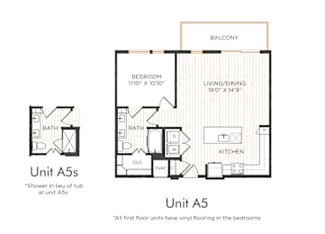 One-bedroom apartment with entry into the kitchen featuring an island and adjacent living/dining area with balcony access. Bedroom with direct bathroom access and nearby closet space. In-unit washer and dryer included. Bathroom features a walk-in shower.