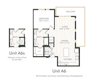 One-bedroom apartment with entry into the kitchen featuring an island and adjacent dining and living areas with balcony access. Bedroom with direct bathroom access and nearby closet space. In-unit washer and dryer included. Bathroom features a walk-in shower.