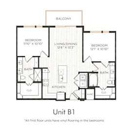 Two-bedroom apartment with entry into the kitchen featuring an island and adjacent living/dining area with balcony access. Split-bedroom layout with each bedroom offering direct bathroom access and nearby closet space. Primary bedroom includes a larger closet and dual vanity bathroom. In-unit washer and dryer included.