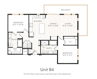 Three-bedroom apartment entry with mud area and washer dryer. Into the kitchen featuring an island and adjacent dining and living areas with oversized balcony access. Split-bedroom layout with two secondary bedrooms offering nearby bathroom access and closet space. Primary bedroom includes dual vanities, a larger closet, and direct bathroom access.