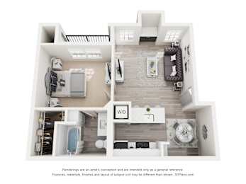 A 3D floor plan of a house with a kitchen, living room, and bathroom.