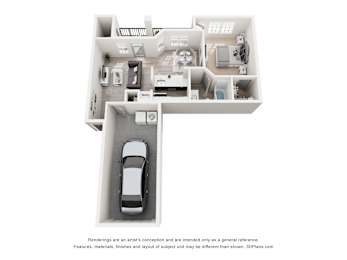 A 3D floor plan of a house with a car parked in the driveway.