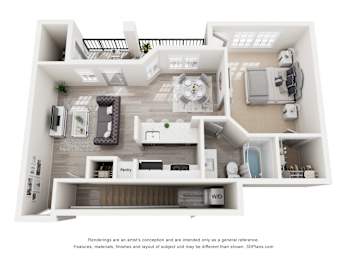 A 3D floor plan of a house with labeled rooms.