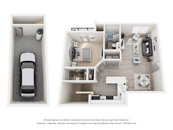A car is parked in a garage and a floor plan of a house is shown.