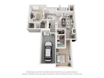 A 3D floor plan of a house with a car parked in the garage.