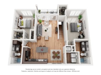 a 1 bedroom floorplan is shown in this rendering