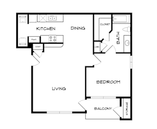 A black and white floor plan of a small apartment with a living room, kitchen, dining room, bedroom, and balcony.