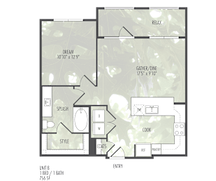 A floor plan of a house with a bedroom, a bathroom, a living room, a dining room, a kitchen, a pantry, a laundry room, and a garage.