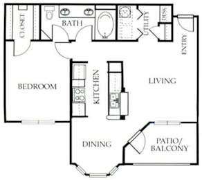 A floor plan of a home with a bedroom, kitchen, dining area, and bathroom.