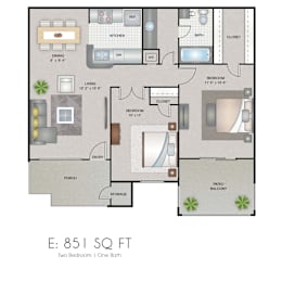 A floor plan of a two bedroom apartment with one bath.