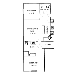 A floor plan of a house with two bedrooms, a bathroom, a dining/living room, a globe, and a second bathroom.