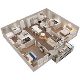 A 3D floor plan of a house with a kitchen, living room, dining room, and bedrooms.