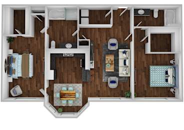 A top-down view of a well-organized apartment with a kitchen, living room, and bedroom.