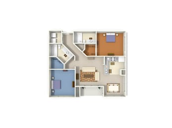 A floor plan of a house with a kitchen, living room, and two bedrooms.