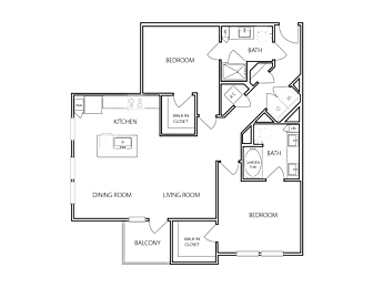 A floor plan of a house with a kitchen, dining room, living room, and bedrooms.
