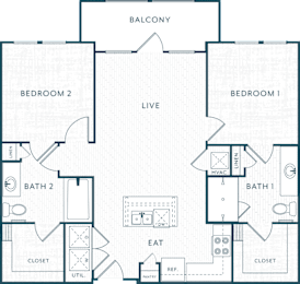 A floor plan of a home with two bedrooms, a live area, a bathroom, a closet, and an eat area.