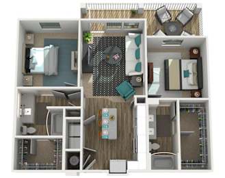 A 3D floor plan of a small apartment with a kitchen, living room, and bathroom.