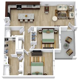 A top-down view of a modern, open-plan living space with a kitchen, dining area, and lounge.