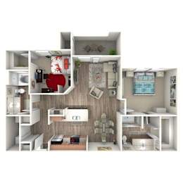 A 3D rendered image of a small apartment layout.