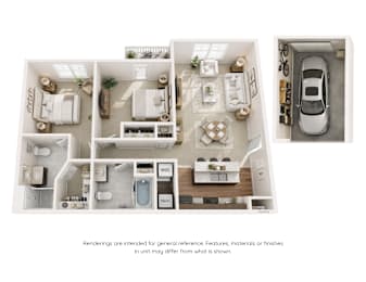 A floor plan of a house with a kitchen, living room, bedrooms, and a garage.