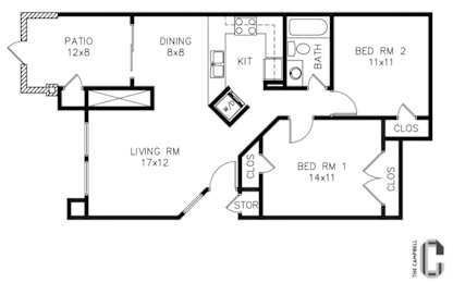 A black and white floor plan of a house with a living room, dining room, kitchen, two bedrooms, a patio, and a storage area.