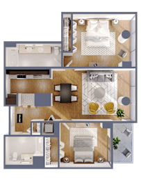 A floor plan of a house with a living room, two bedrooms, a bathroom, and a kitchen.