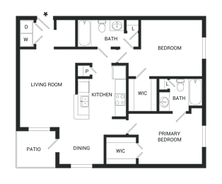 A floor plan of a house with a living room, dining room, kitchen, two bedrooms, and a bathroom.