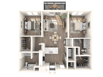 A 3D floor plan of a house showing a kitchen, living room, and two bedrooms.