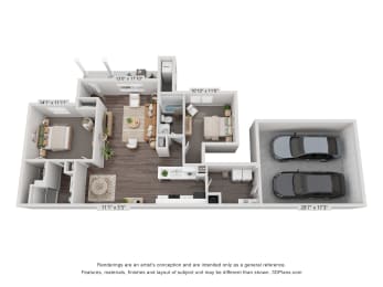 a stylized 3d floor plan with a car and a balcony