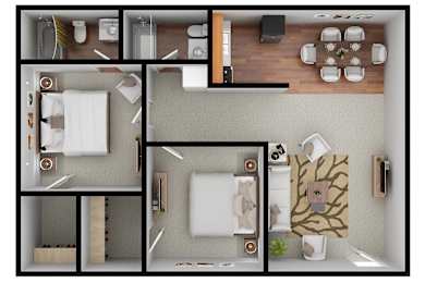 A series of images showing a top-down view of a room with a dining table, chairs, and a kitchen area.