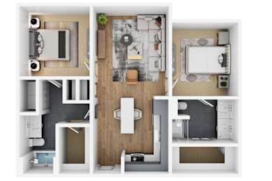 A top down view of a small apartment with a kitchen, living room, and bathroom.