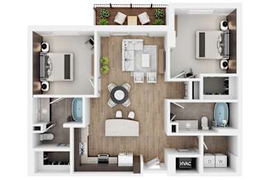 A top-down view of a modern apartment layout with a kitchen, living room, and bathroom.