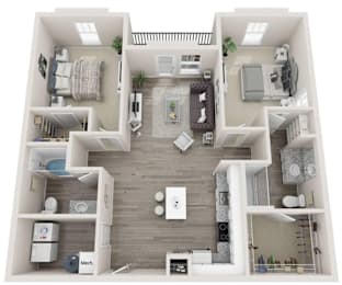 a 3d rendering of a floor plan with a bedroom and living room