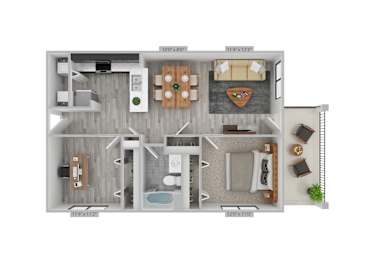 A floor plan of a house with a kitchen, living room, dining room, and bathroom.