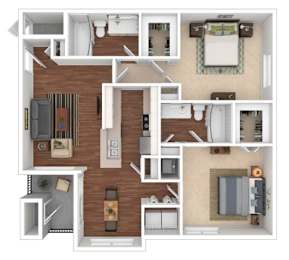 A detailed 3D floor plan of a small apartment.